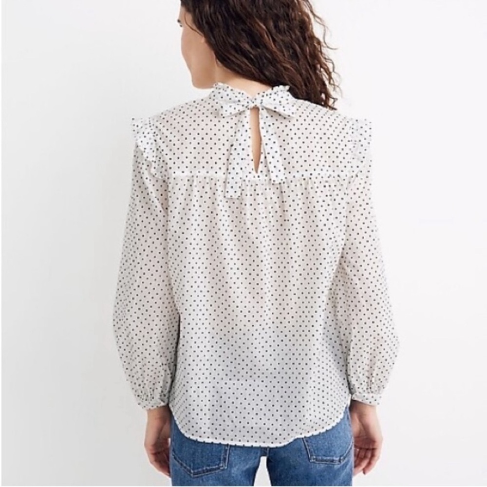 Madewell XL Mockneck Ruffle Top in Flocked Dot Shirt white long sleeve polka - Picture 2 of 8